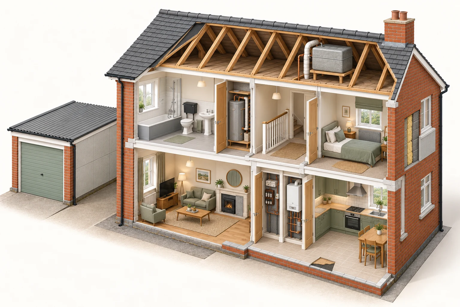 Cutaway home with bathroom, airing cupboard, fuse cupboard, boiler, living room, kitchen, loft and garage.