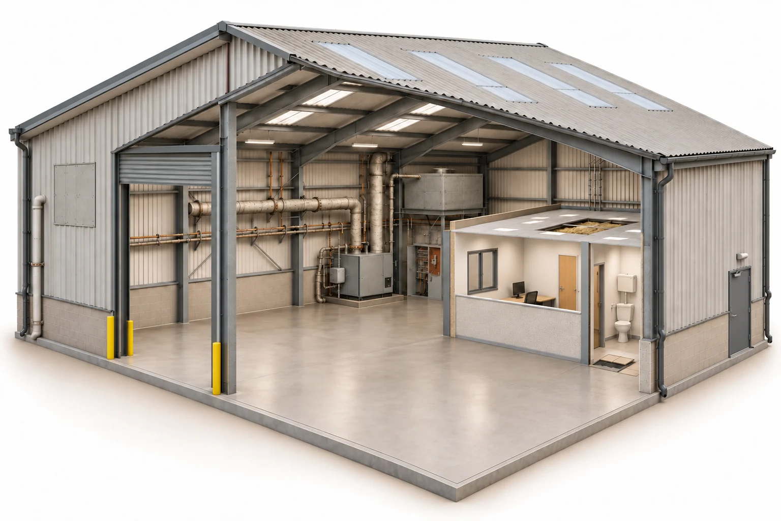 Isometric cutaway of an industrial warehouse with a steel frame, pipework, plant room, office and welfare rooms, a tiled floor sample, and exposed dark floor backing and adhesive.
